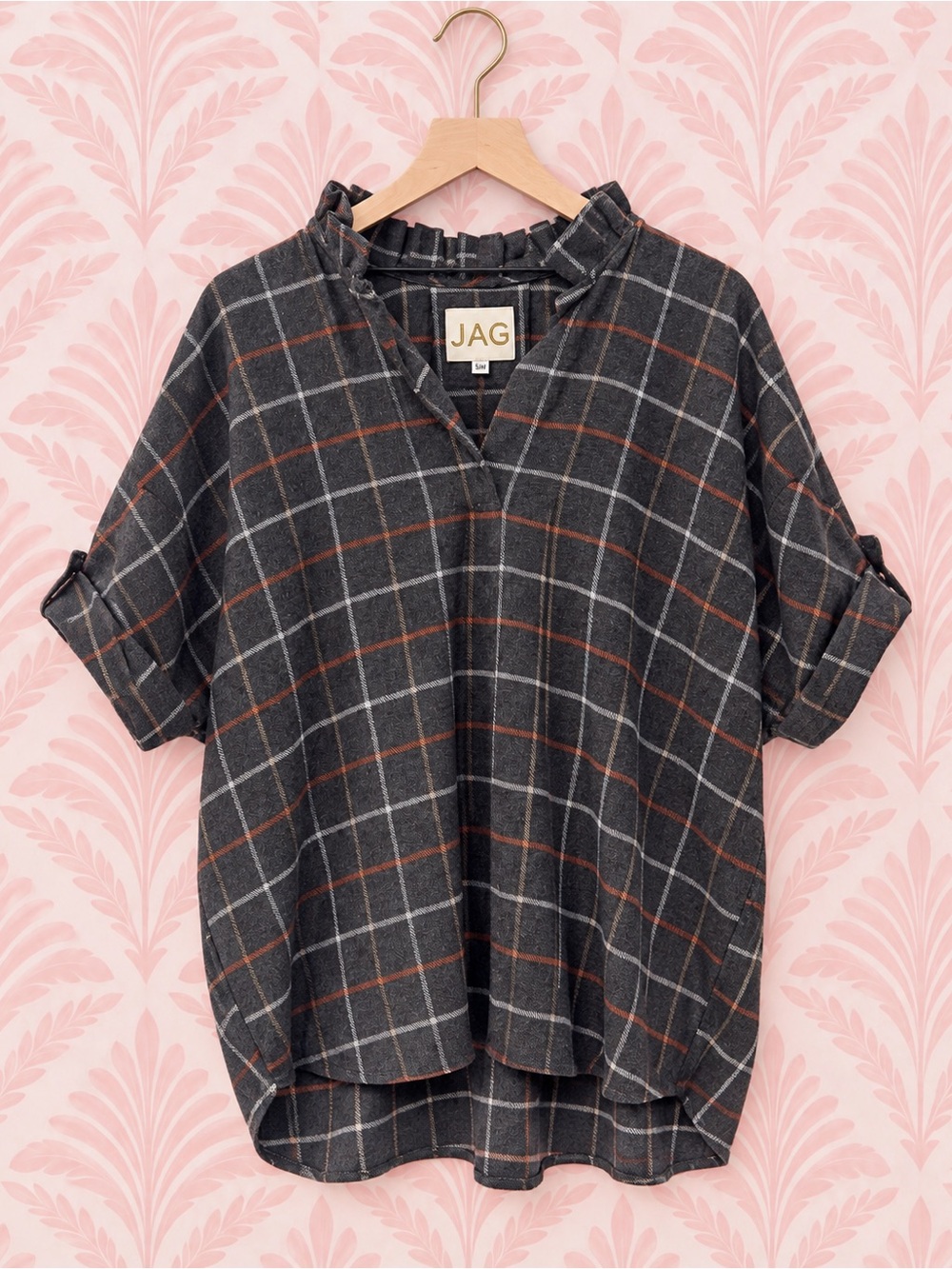 Jag Jeans Charcoal Plaid Roll-Tab Sleeve Tunic with Rust Stripes